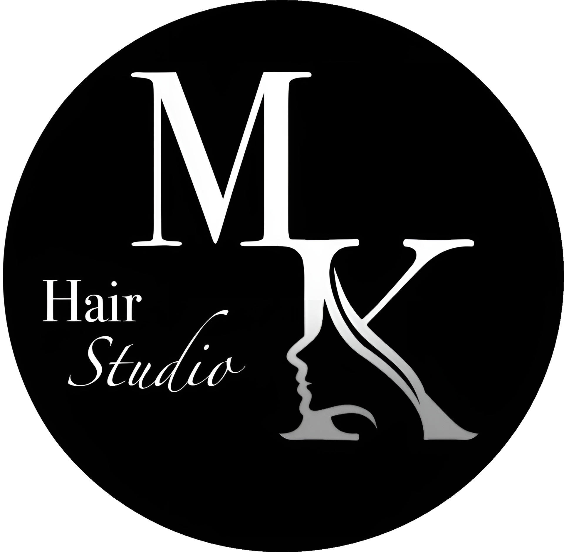 Černé kruhové logo s bílým písmenem M, nápisem Hair Studio a siluetou vlasů.